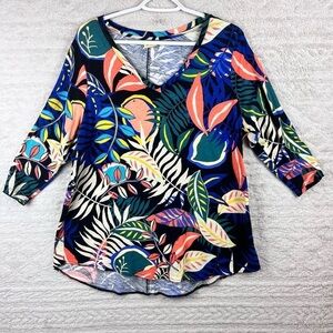 C&C CALIFORNIA Shirt XL Tropical Jungle Leaf 3/4 Sleeve Vibrant Top